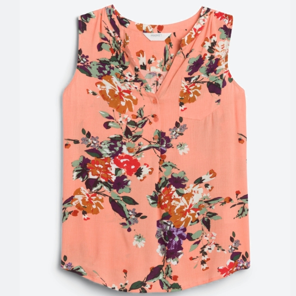 Market & Spruce Coral Floral V-Neck Sleeveless Top